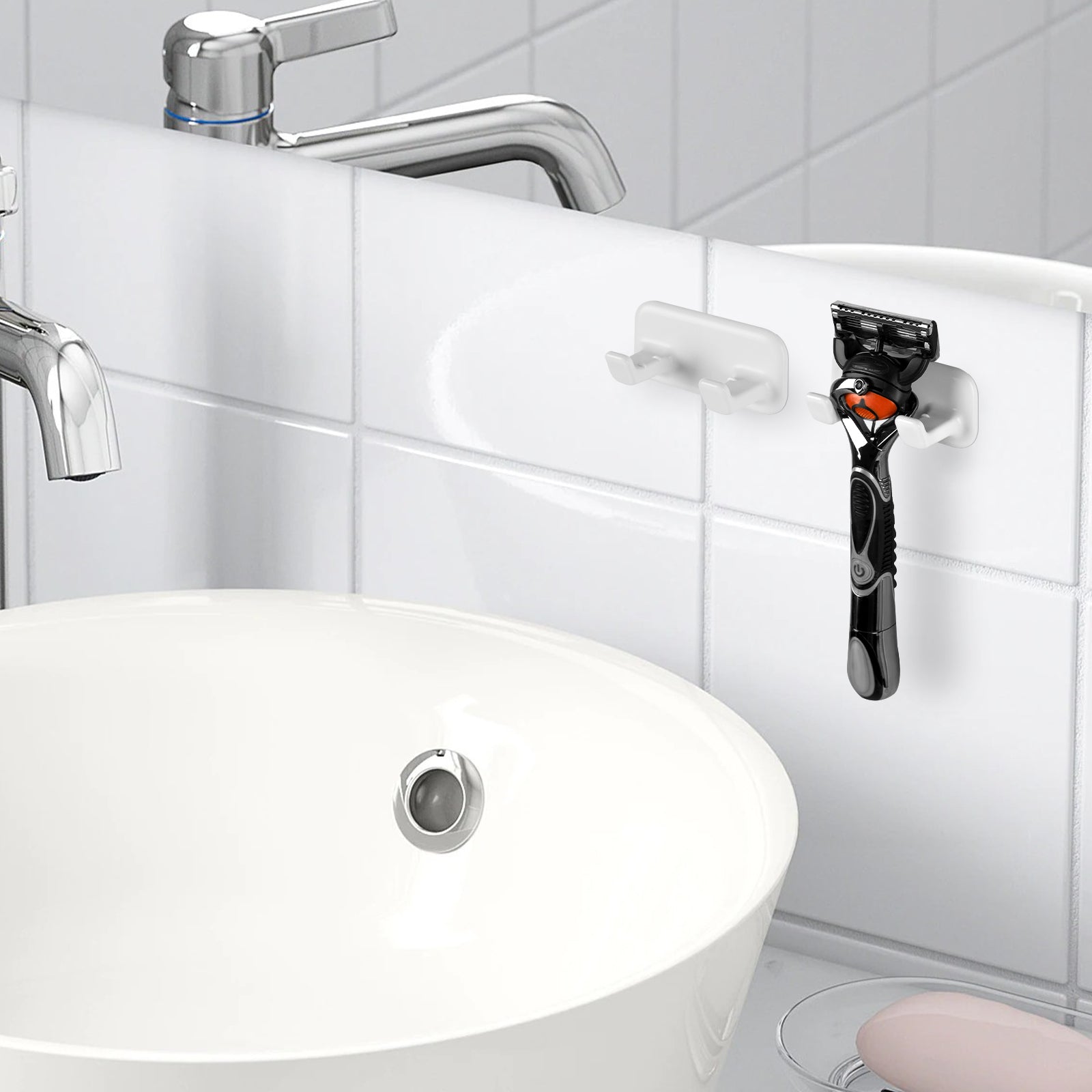 Linkidea 2 Pack Razor Holder with Self-Adhesive, Shower Hook for Razor, Bathroom Organizer for Shaver, Robe, Towel, Loofah, Compatible with Gillette Fusion 5 Power, Sensor 3(White)