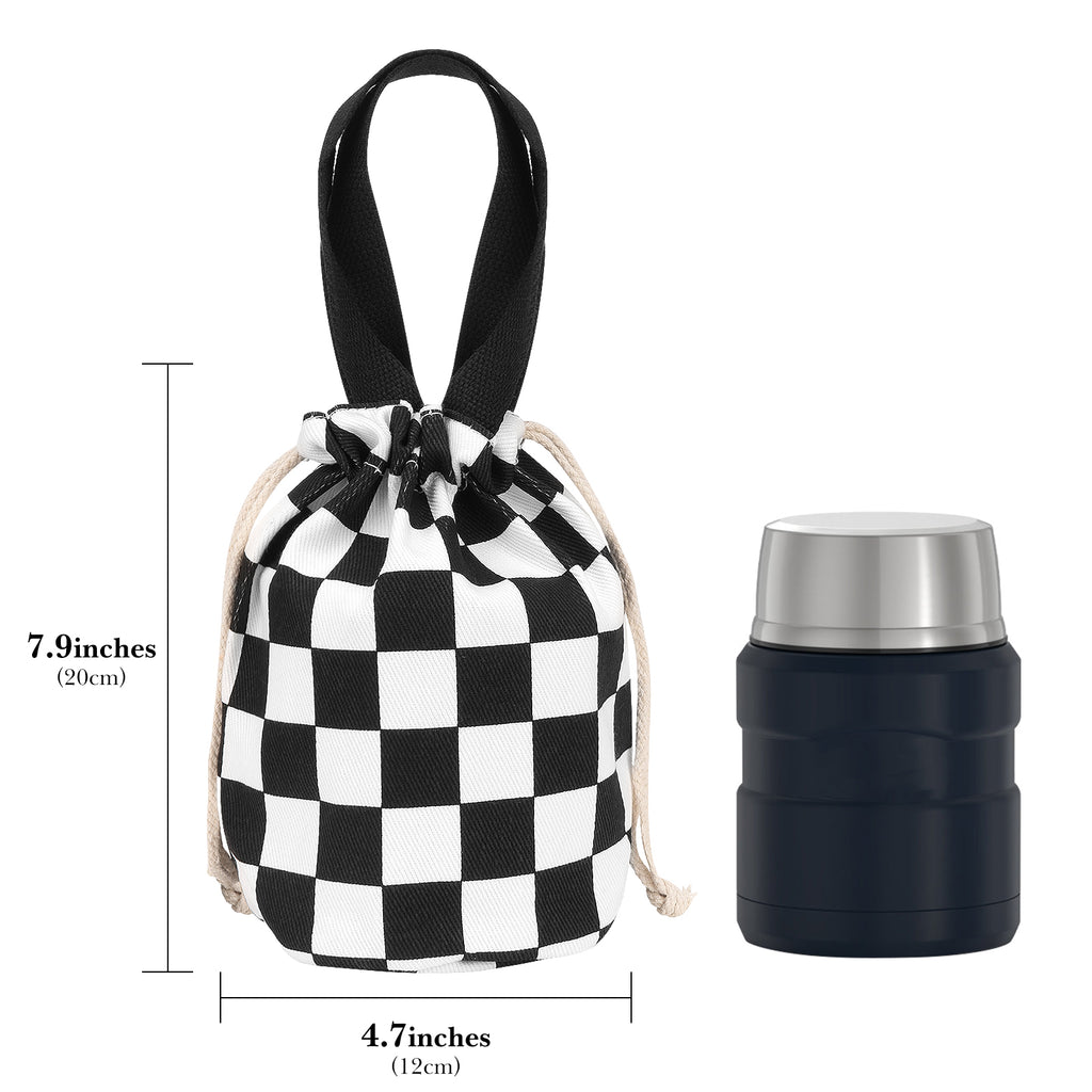 Linkidea Insulated Food Jar Storage Bag, Portable Drawstring Wrap with Hand Strap, Lunch Box Carrier for Food Can, Compatible with Thermos, Hydrapeak, Hydro Flask, Stanley (Black & White)