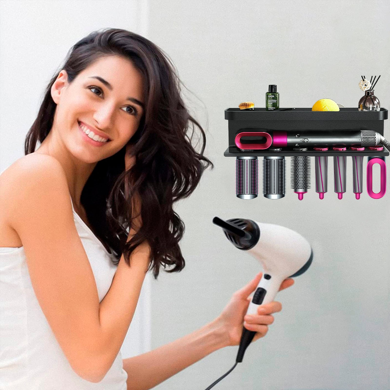 Linkidea Wall Mounted Stand Compatible with Dyson Airwrap, Hair Curling Iron Accessories Holder for Home Counter Bathroom Organizer (Black)