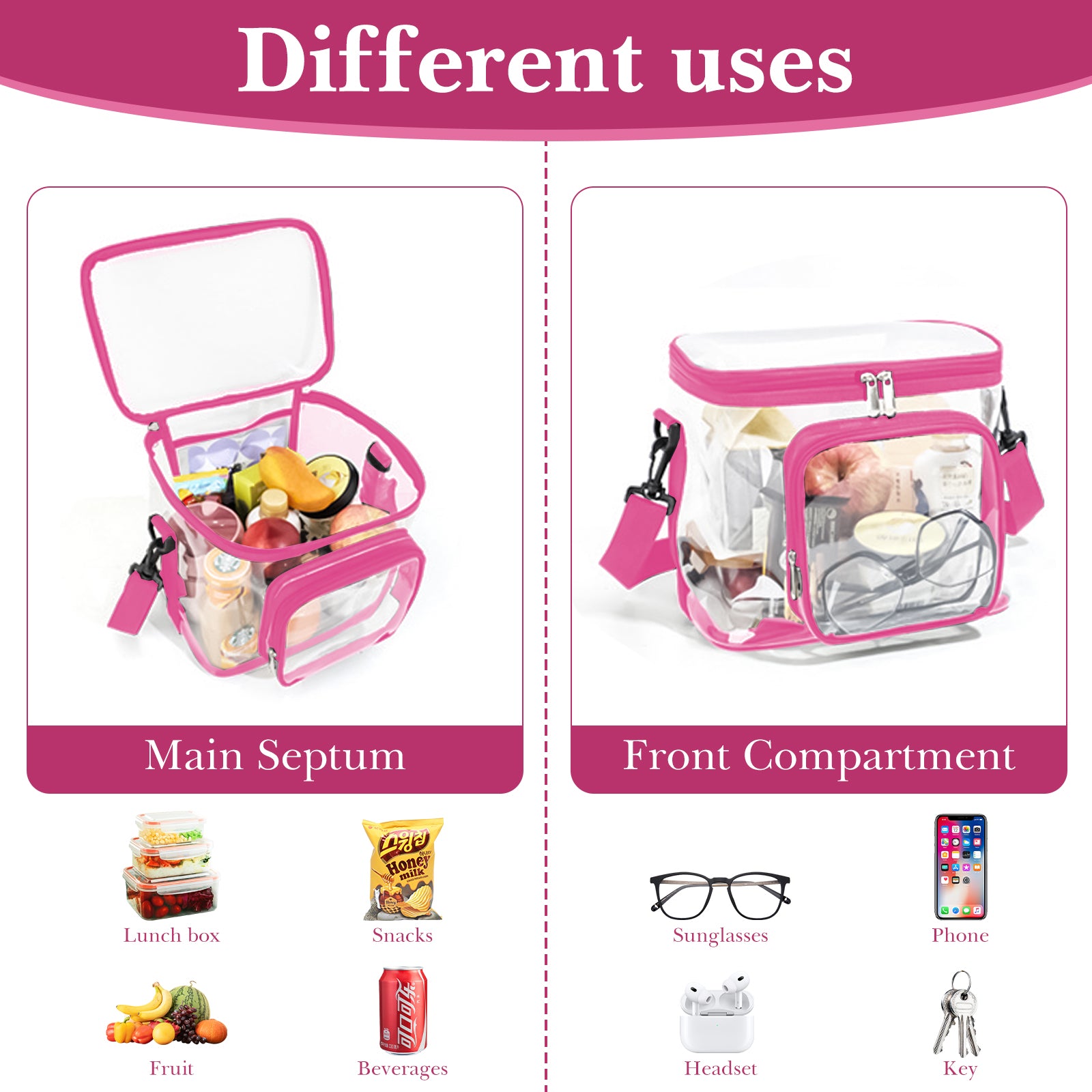 Linkidea Lunch Box for Adult, Transparent Lunch Bag with Shoulder Strap, Large Capacity Lunch Bag for Everyday Outings, Fits to Picnic and Daily Use (Pink)