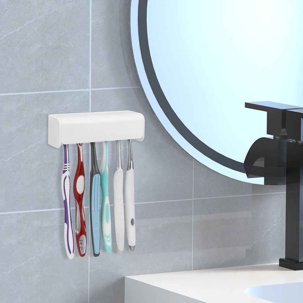 Linkidea Wallmount Toothbrush Holder with Cover for Shower, Space Saving Organizer for RV, Plastic Self Adhesive 6 Slots Tooth Brush Hanger Compatible with Oral-B CrossAction, Colgate ExtraClean