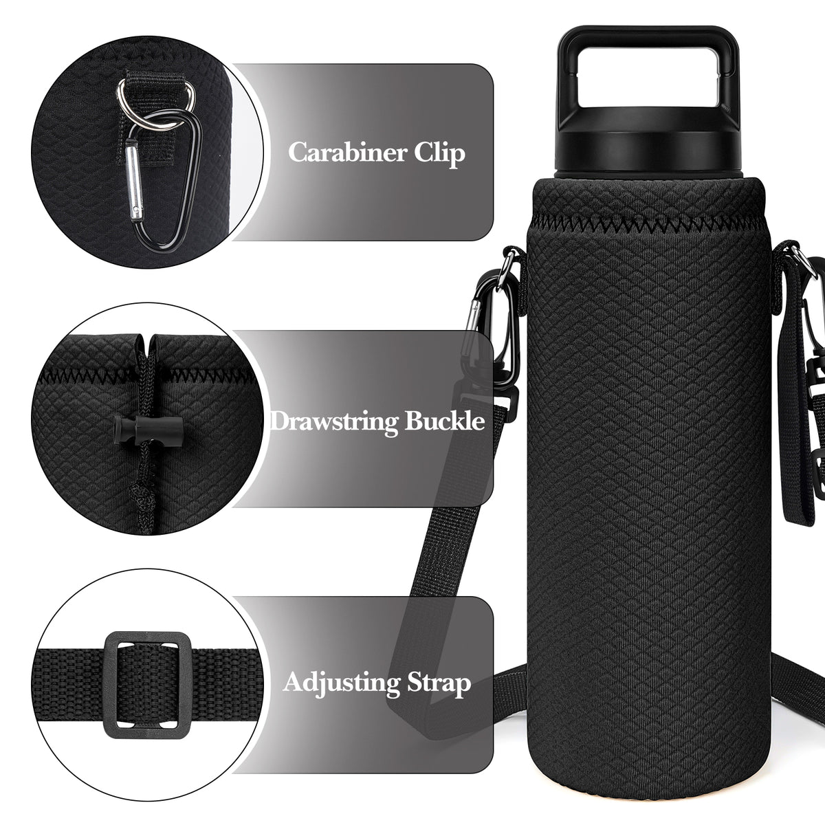 Linkidea Water Bottle Carrier with Strap Compatible with YETI Rambler Bottle 26oz/36oz, Waterbottle Sling Bag Holder with Shoulder Strap, Black