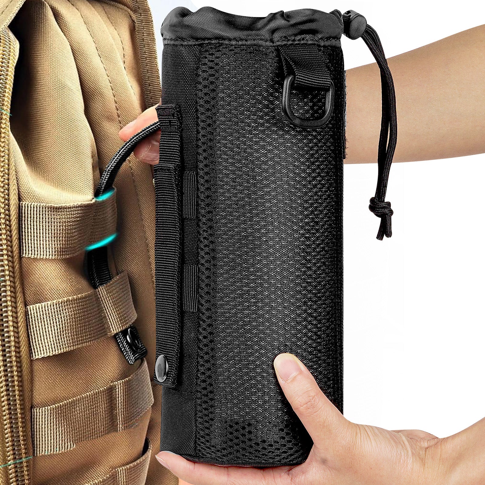 Linkidea Drawstring Molle Water Bottle Carrier with Strap Compatible with Owala FreeSip 32/40oz, Sustain Wide Mouth 48oz, Waterbottle Sling Bag Holder with Shoulder Strap, Black