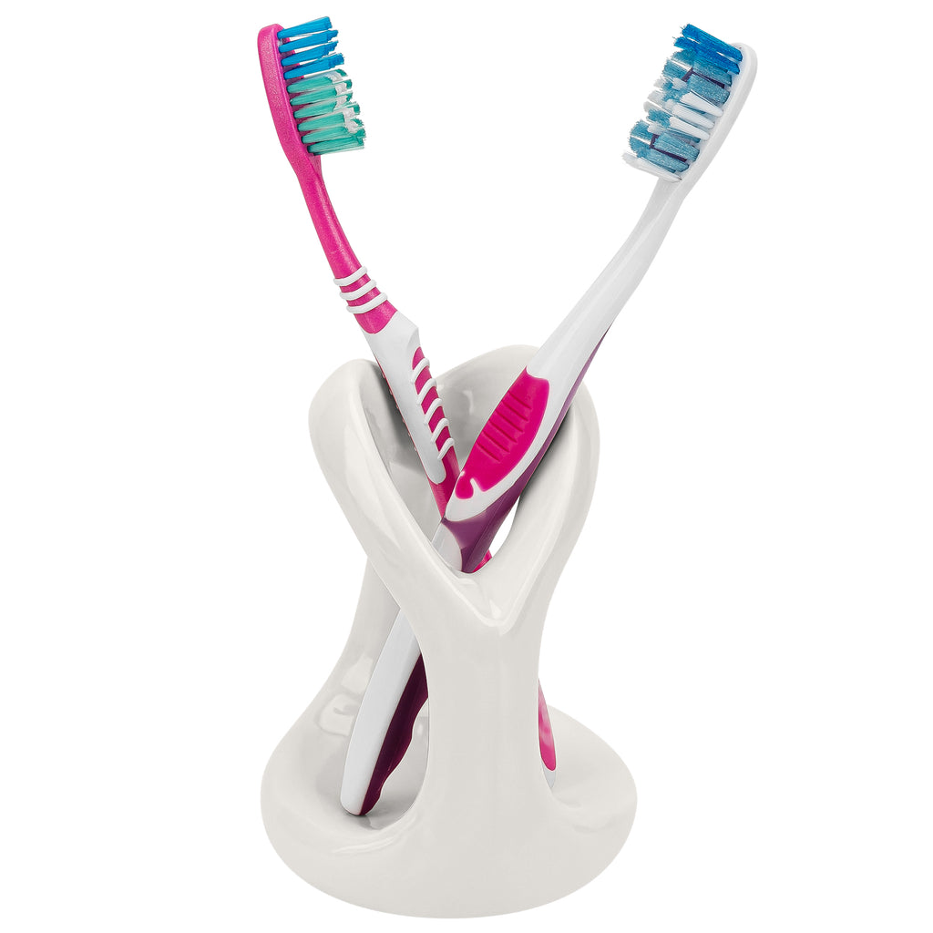 Linkidea Countertop Manual Toothbrush Holder for Bathroom, Unique Ceramic Vanity Organizer Stand Compatible with Oral-B CrossAction, Colgate Extra Clean, Reach Essentials Toothbrush (White)
