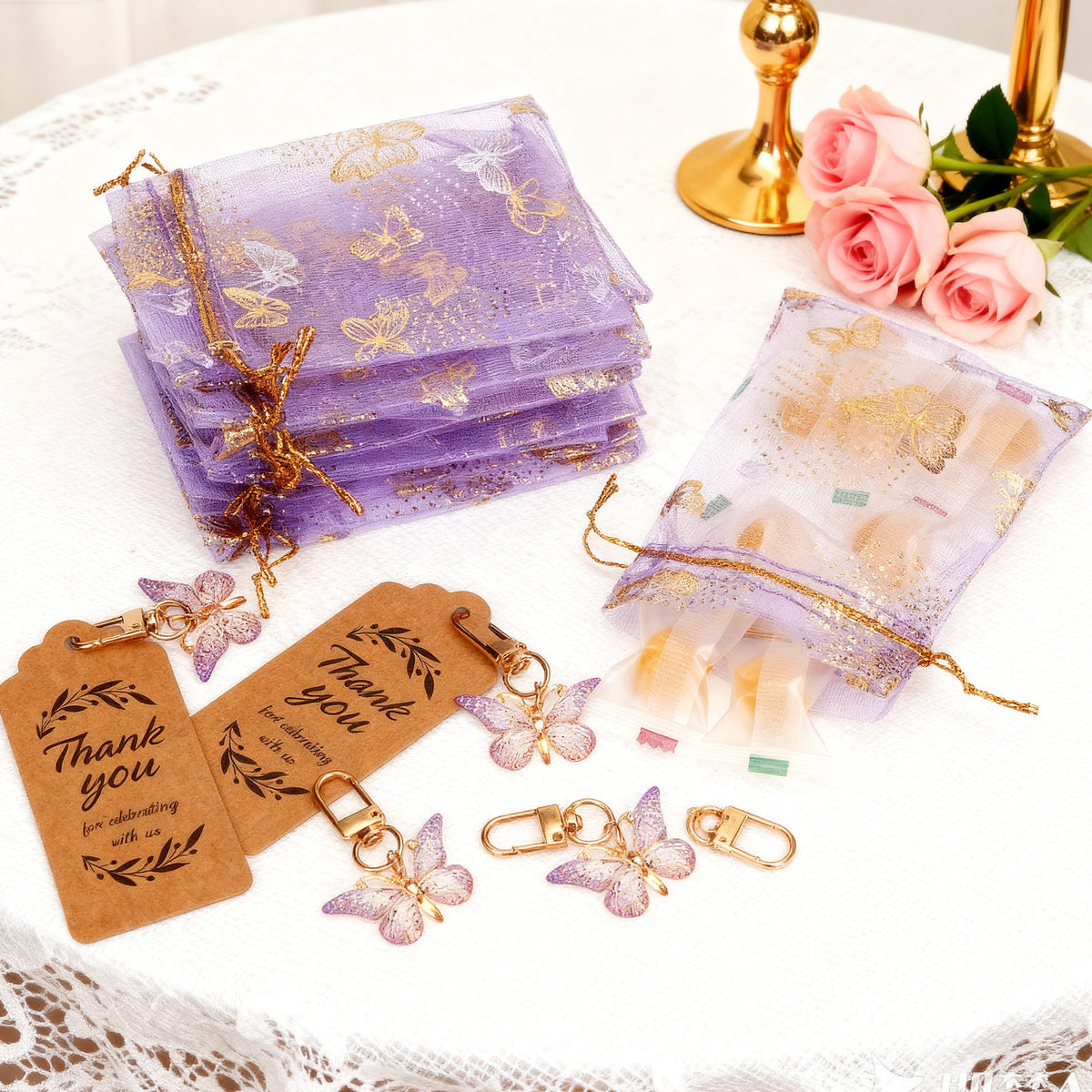 Linkidea 12 Pcs Butterfly Keychains with Thank You Tags, Party Favors, Butterfly Theme Event Favors, Backpack Charms, Bulk Keychains for Goodie Bags
