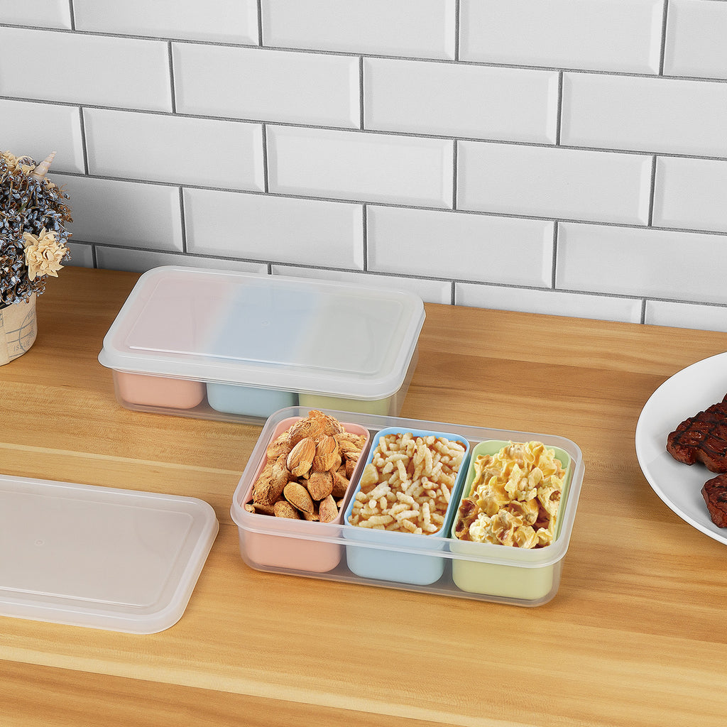 Linkidea 4 Set Snack Containers with 3 Removable Compartments, Reusable Food Prep Storage Box with Lids, Safe in Refrigerators, Microwaves, Dishwashers