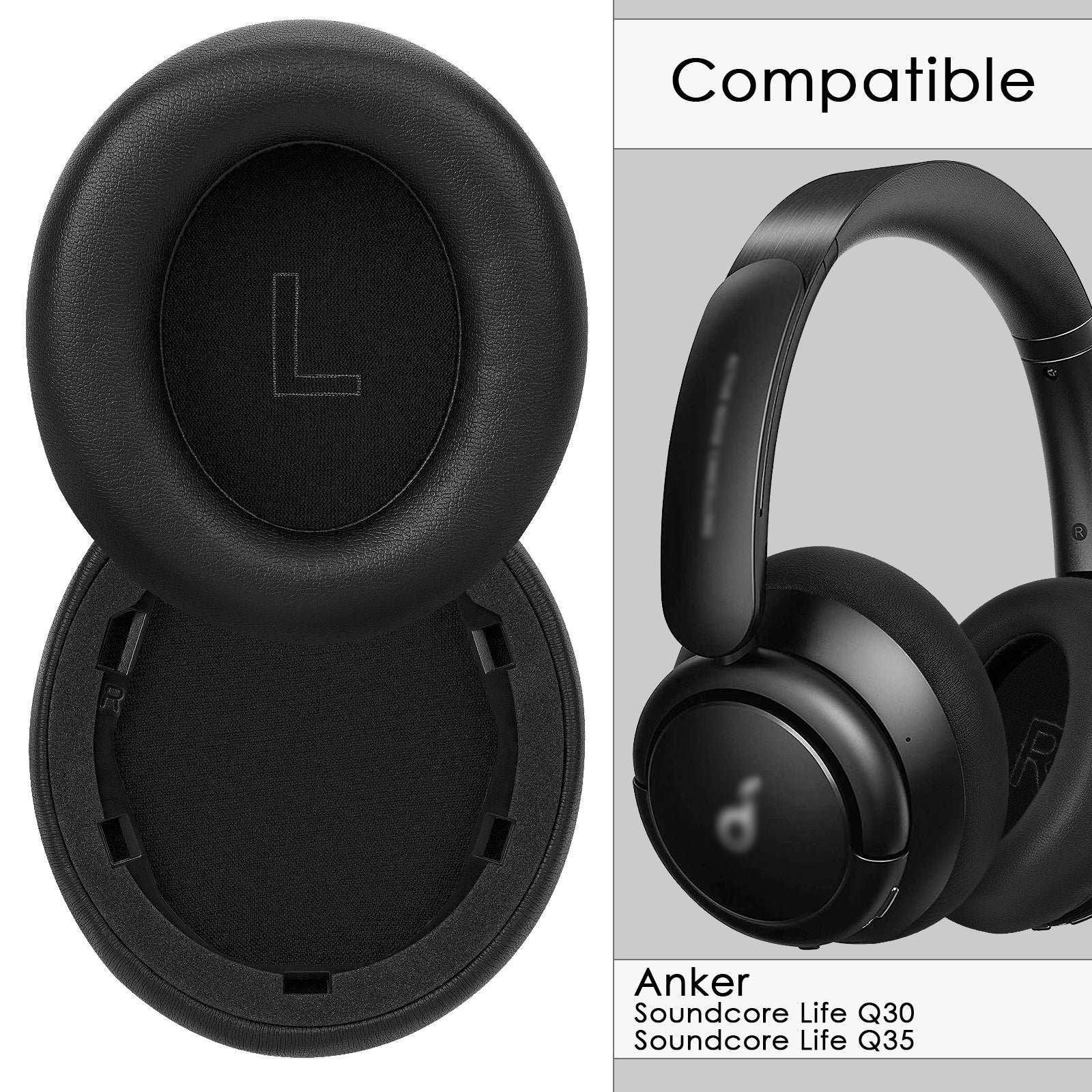 Linkidea Replacement Ear Pads for Anker Soundcore Life Q30, Soundcore by Anker Life Q35 Headphones Ear Cushions, Ear Covers, Headset Earpads (Protein Leather / Black)