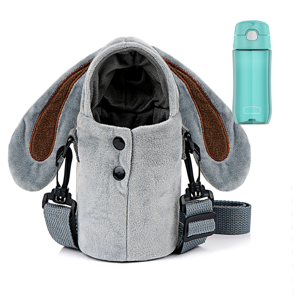 Linkidea Plush Water Bottle Carrier with Strap Compatible with Thermos FUNTAINER Steel/Tritan 12oz/16oz, Warm Gray Rabbit Waterbottle Sling Bag Holder with Shoulder Strap