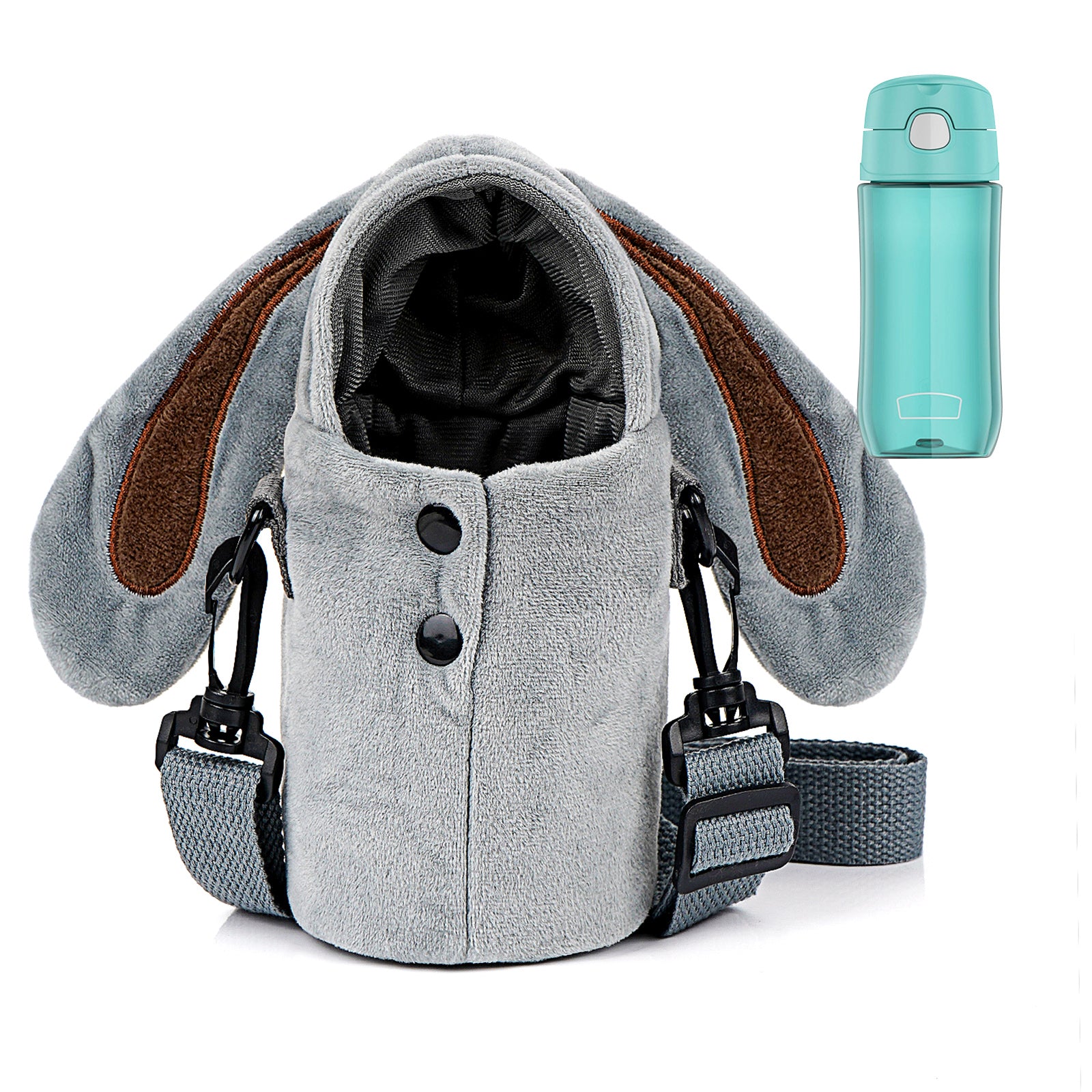 Linkidea Plush Water Bottle Carrier with Strap Compatible with Thermos FUNTAINER Steel/Tritan 12oz/16oz, Warm Gray Rabbit Waterbottle Sling Bag Holder with Shoulder Strap