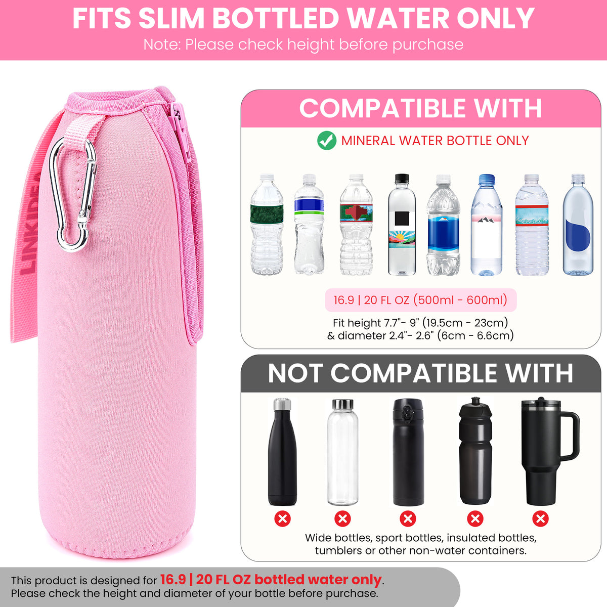 Linkidea 2 Pack Disposable Water Bottle Sleeve Compatible with Smartwater 16.9/20 Fl Oz, Evian 16.9 Fl Oz, Insulated Neoprene Bottled Water Cover Holder with Lockable Zipper, Pink