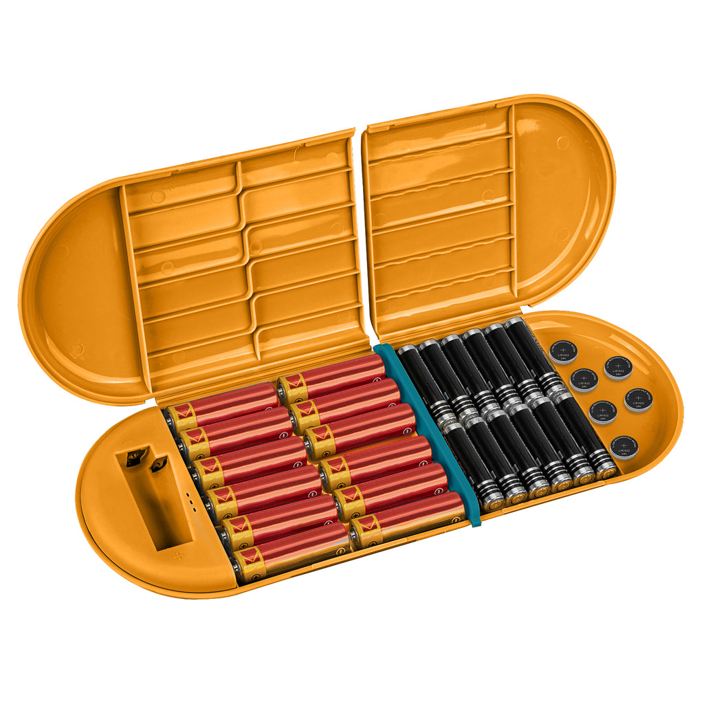 Linkidea Battery Storage Case with Tester, Portable Batteries Case Compatible with 12 AA, 12 AAA, Button Cells, Single Layer Battery Storage Box (Orange)