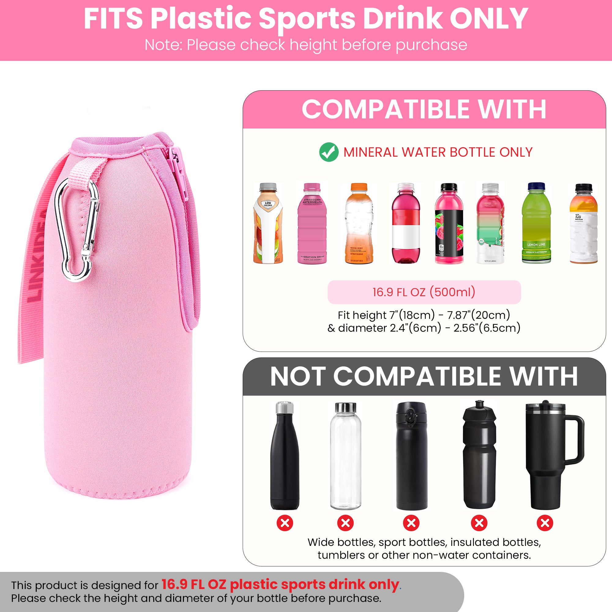 Linkidea 2 Pack Disposable Water Bottle Sleeve Compatible with 16.9 Fl Oz PRIME Hydration, BODYARMOR, Gatorade Fit, Insulated Plastic Sports Drink Cover with Lockable Zipper, Pink
