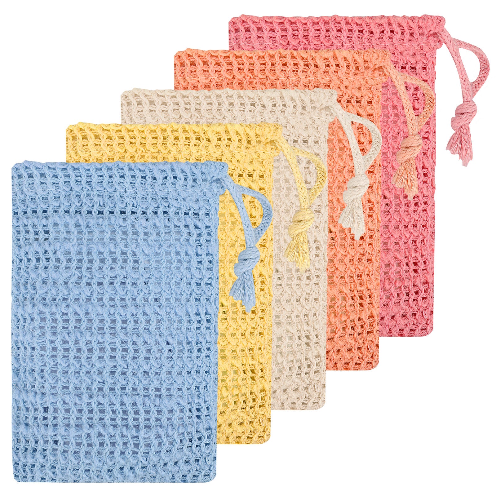 Linkidea 5 Pack Soap Bag Pouch, Colorful Exfoliating Saver with Drawstring, Reusable Body Scrubber Pocket for Bath Shower