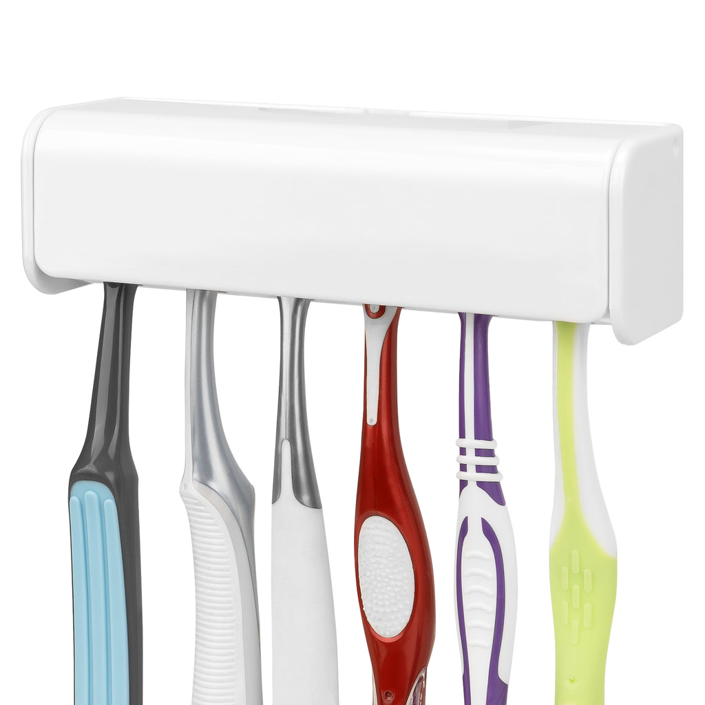 Linkidea Wallmount Toothbrush Holder with Cover for Shower, Space Saving Organizer for RV, Plastic Self Adhesive 6 Slots Tooth Brush Hanger Compatible with Oral-B CrossAction, Colgate ExtraClean