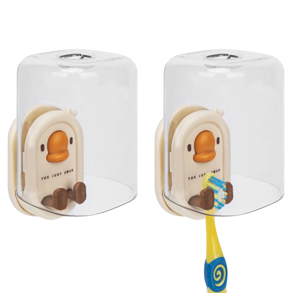 Linkidea 2 Pack Wall Mount Toothbrush Holder for Bathroom, Shower, Plastic Self Adhesive Wallmount Tooth Brush Hanger Compatible with Colgate, GUM, Brush Buddies Toothbrush (Beige)