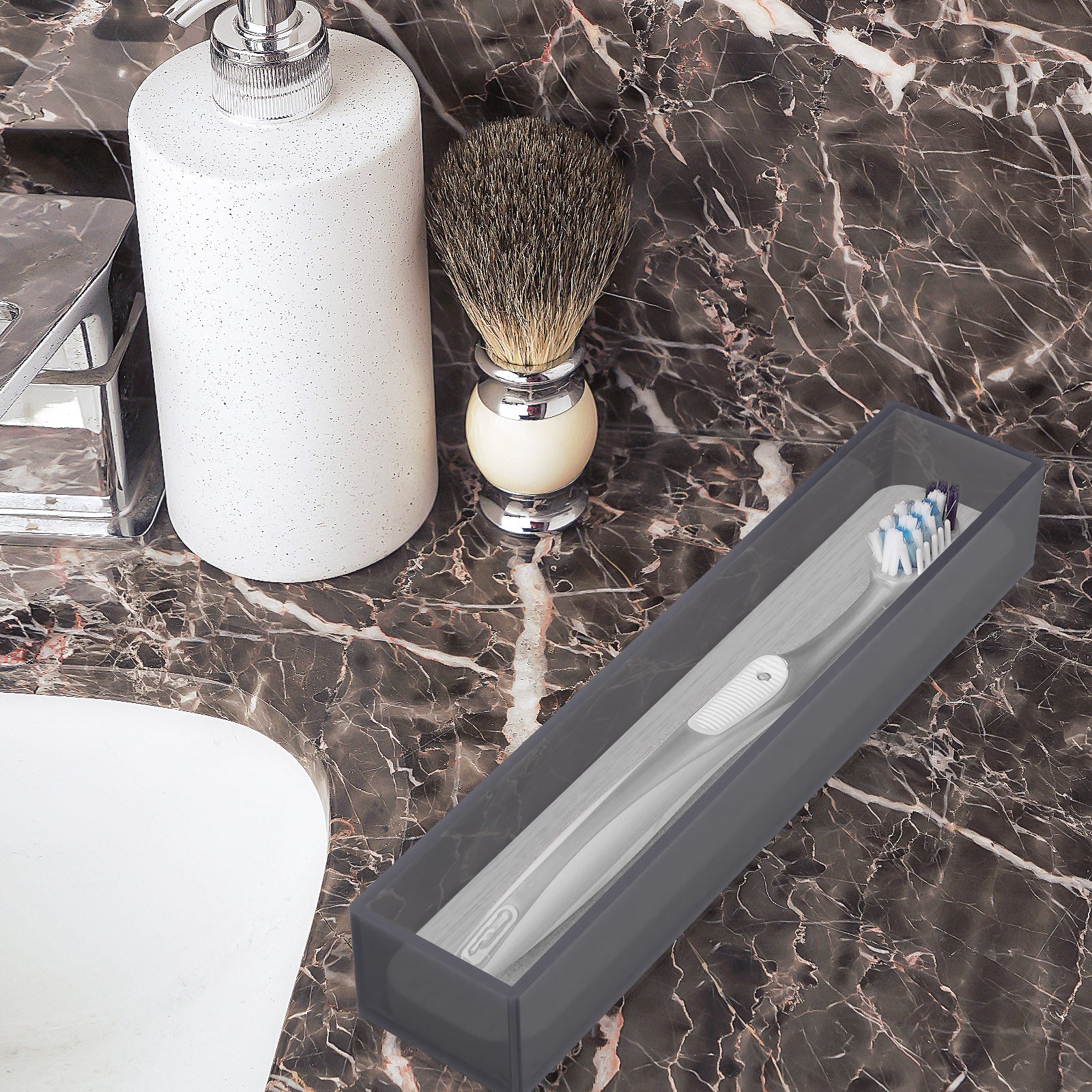 Linkidea 2 Pack Acrylic Toothbrush Holder with Diatomite Drying Stone, Bathroom Drawer Organizer with Drainage Hole for Tooth Brush, Compatible with Colgate Extra Clean, Oral-B CrossAction (Grey)