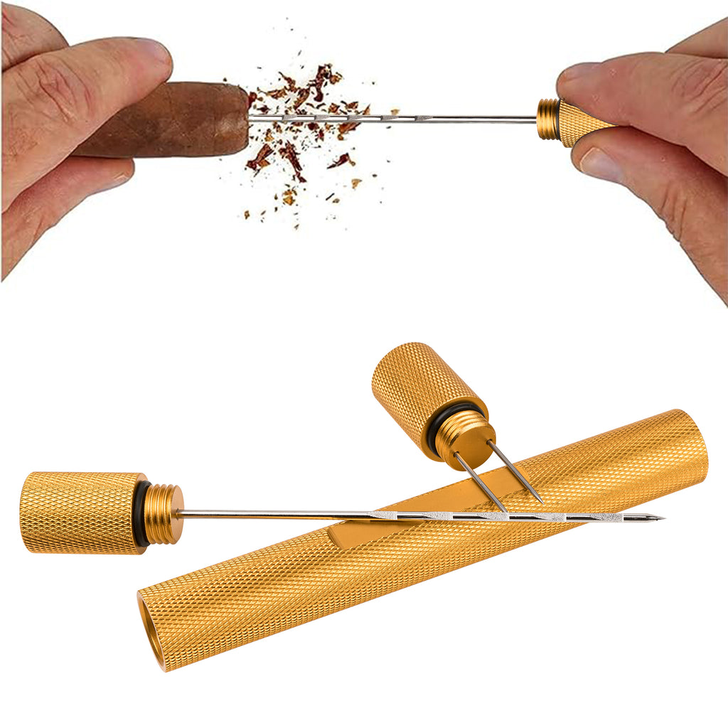 Linkidea Aluminum Alloy Cigar Draw Enhancer Tool, 2-in-1 Cigar Punch Cutter Draw Cigar Tool with Twin Needle, Sharp Punch Cigar Cutters for Gift (Gold)