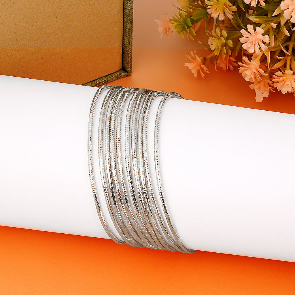 10-Piece Silver Tone Extra-Large Bangle Set for Women, 2.68" Fixed Round Bracelets, Thin Stackable Textured Bangles for Large Hands, Non-Adjustable