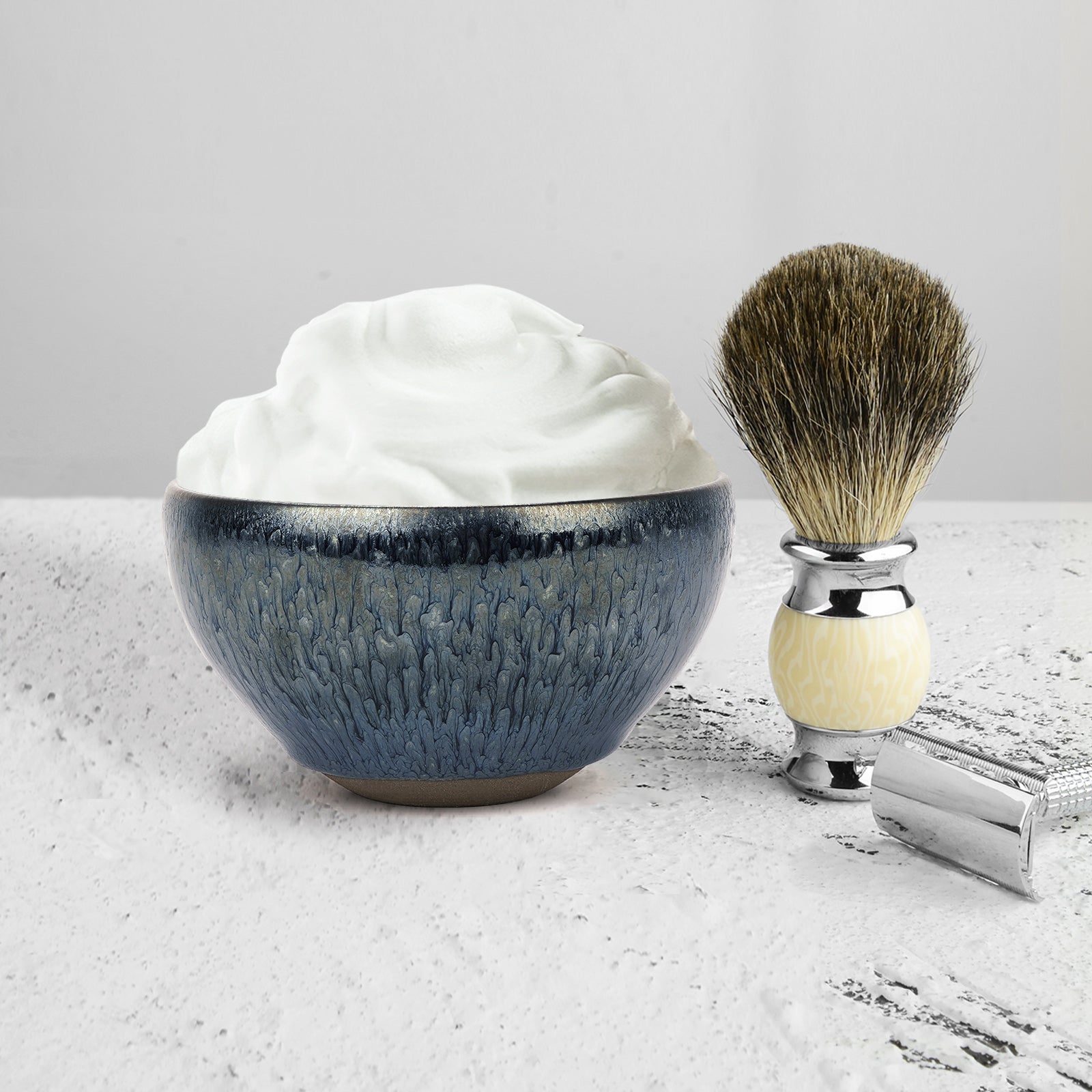 Linkidea Handmade Ceramic Shaving Bowl, Wide Mouth Shave Soap Lather Bowl for Men, Jian Zhan Glaze Wet Shaving Mug (Blue)