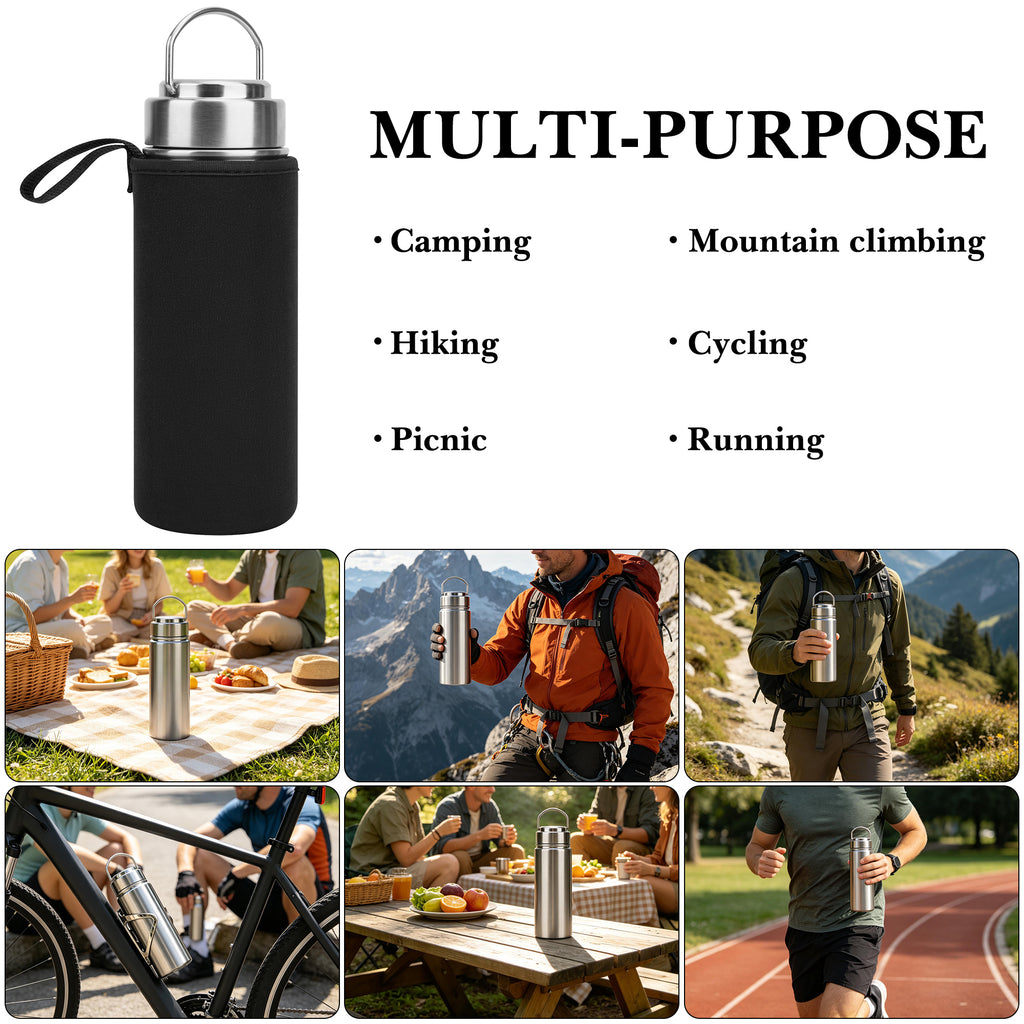 Linkidea 25oz Single Wall 304 Stainless Steel Water Bottle with Carry Pouch, Non-Insulated Wide Mouth Sports Bottle with Handle, Dishwasher Safe