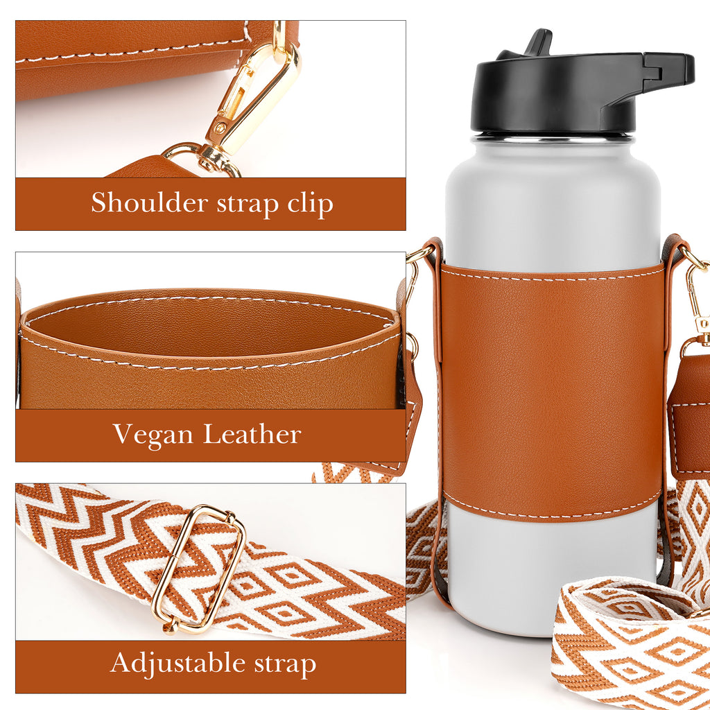 Linkidea Vegan Leather Water Bottle Carrier with Strap Compatible with Hydro Flask Wide Mouth 32oz, IRON FLASK, Waterbottle Sling Bag Holder with Shoulder Strap