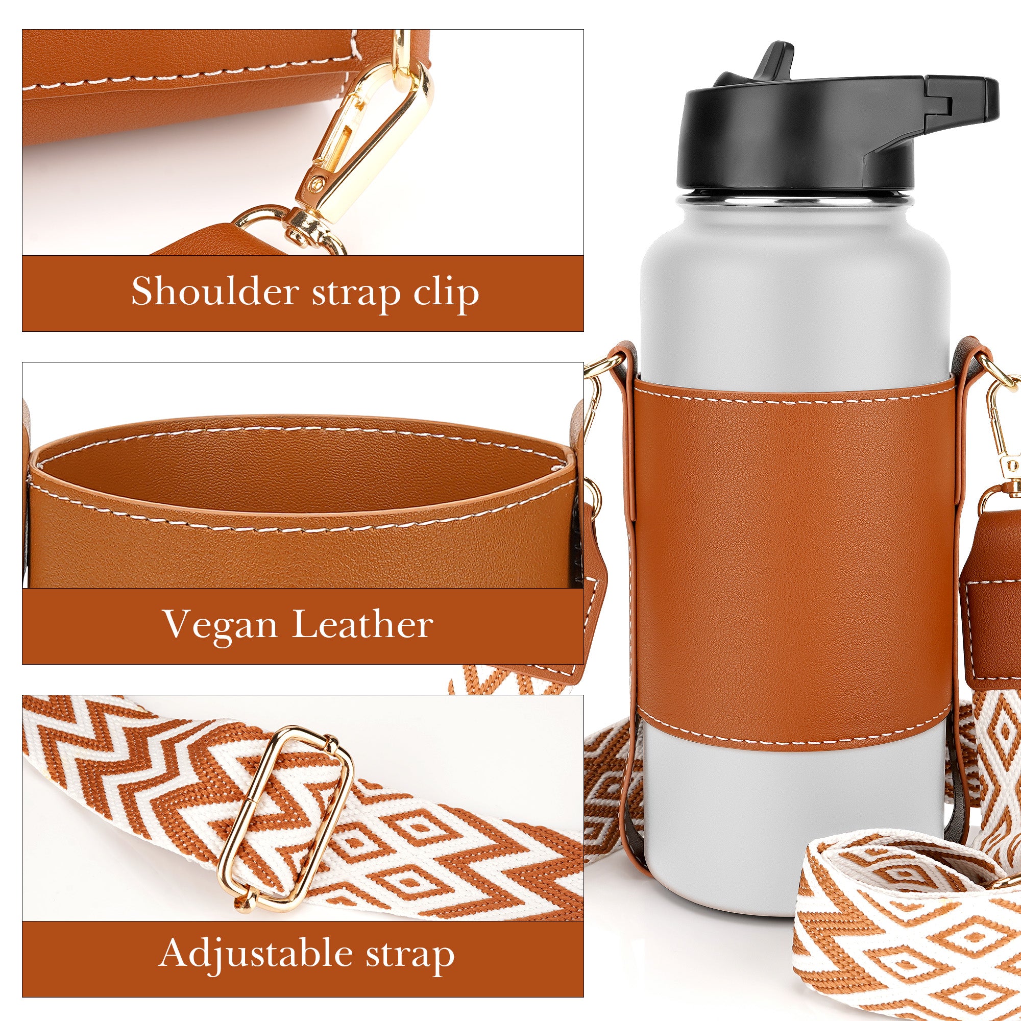 Linkidea Vegan Leather Water Bottle Carrier with Strap Compatible with Hydro Flask Wide Mouth 32oz, IRON FLASK, Waterbottle Sling Bag Holder with Shoulder Strap
