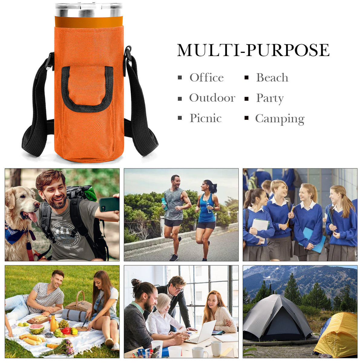 Linkidea Tumbler Carrier with Strap Compatible with YETI Rambler Tumbler 20oz, IRON °FLASK Classic Tumbler 2.0 20/24oz, Coffee Mug Sling Bag Holder, Shoulder Strap with Pocket, Orange