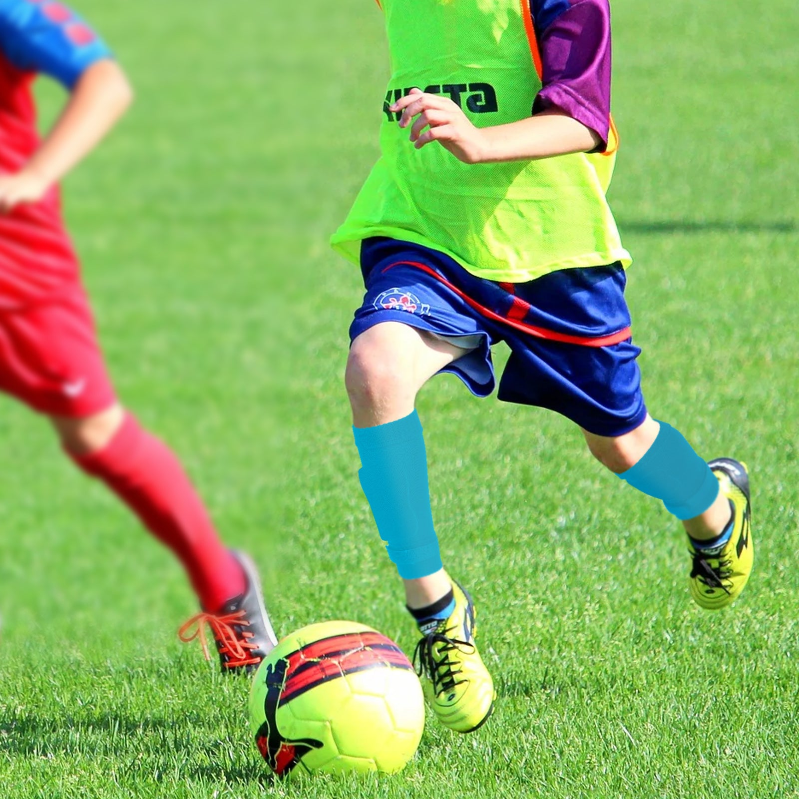 Linkidea Kids Soccer Leg Sleeve with Shin Guard Straps, Elastic Compatible with Grip Socks, Best Alternative to Soccer Athletic Socks for Child 6-8 Years (Blue)