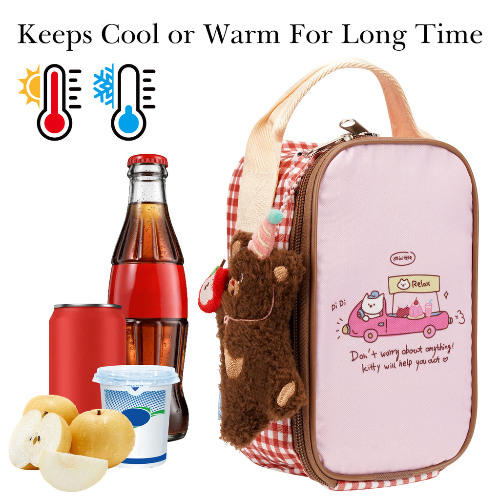 Linkidea Insulated Snack Bag with Cute Pendant, Lunch Cooler Bag Designed for Food Jar Storage, Lightweight Fits Travel, Compatible with Thermos, Dacool 16 oz Food Jar (Pink)