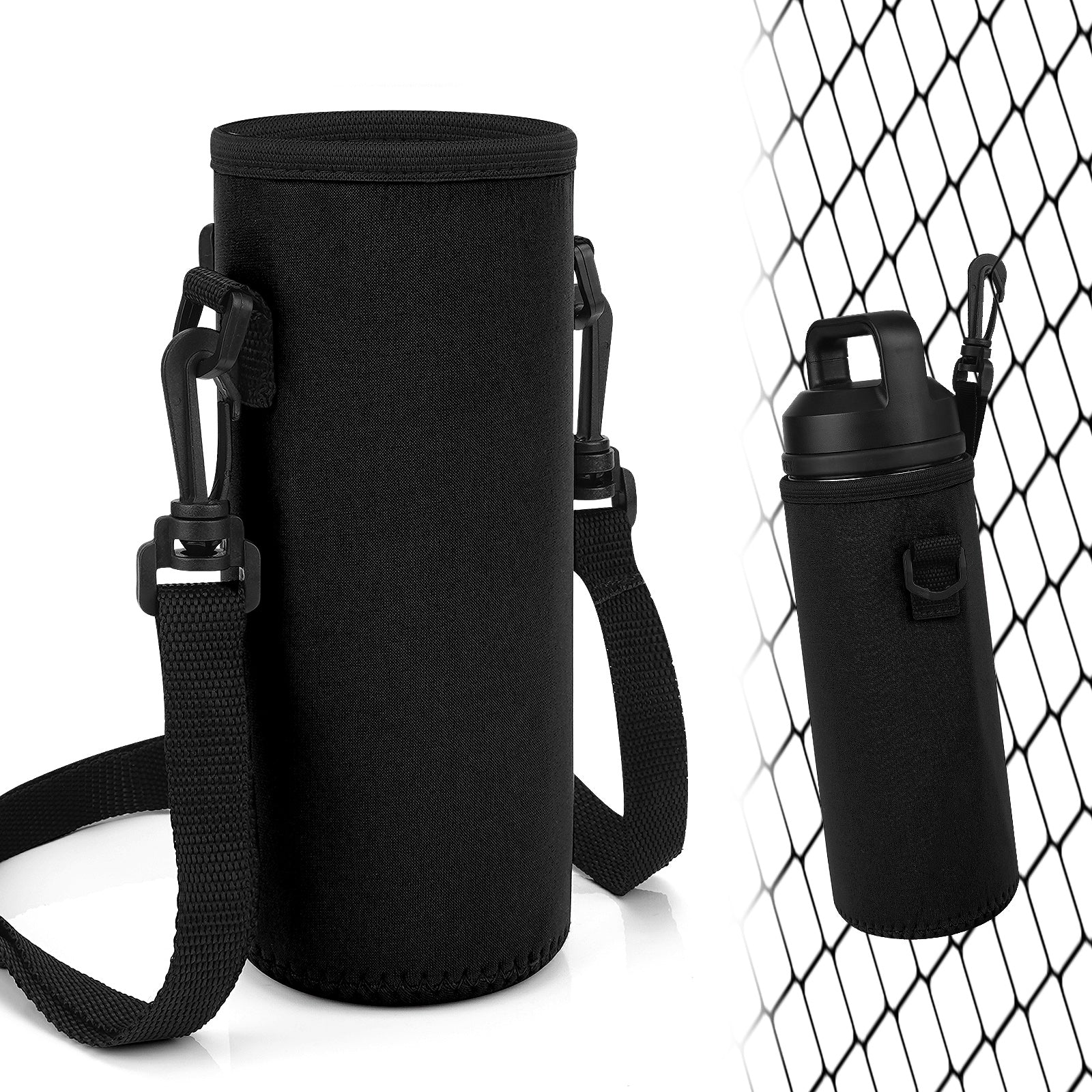 Linkidea Water Bottle Fence Sleeve with Hook Compatible with YETI Rambler Bottle 18oz, Hydro Flask Wide Mouth Bottle 18oz/20oz, Neoprene Bottle Shoulder Strap Bag for Outdoor Sports, Black