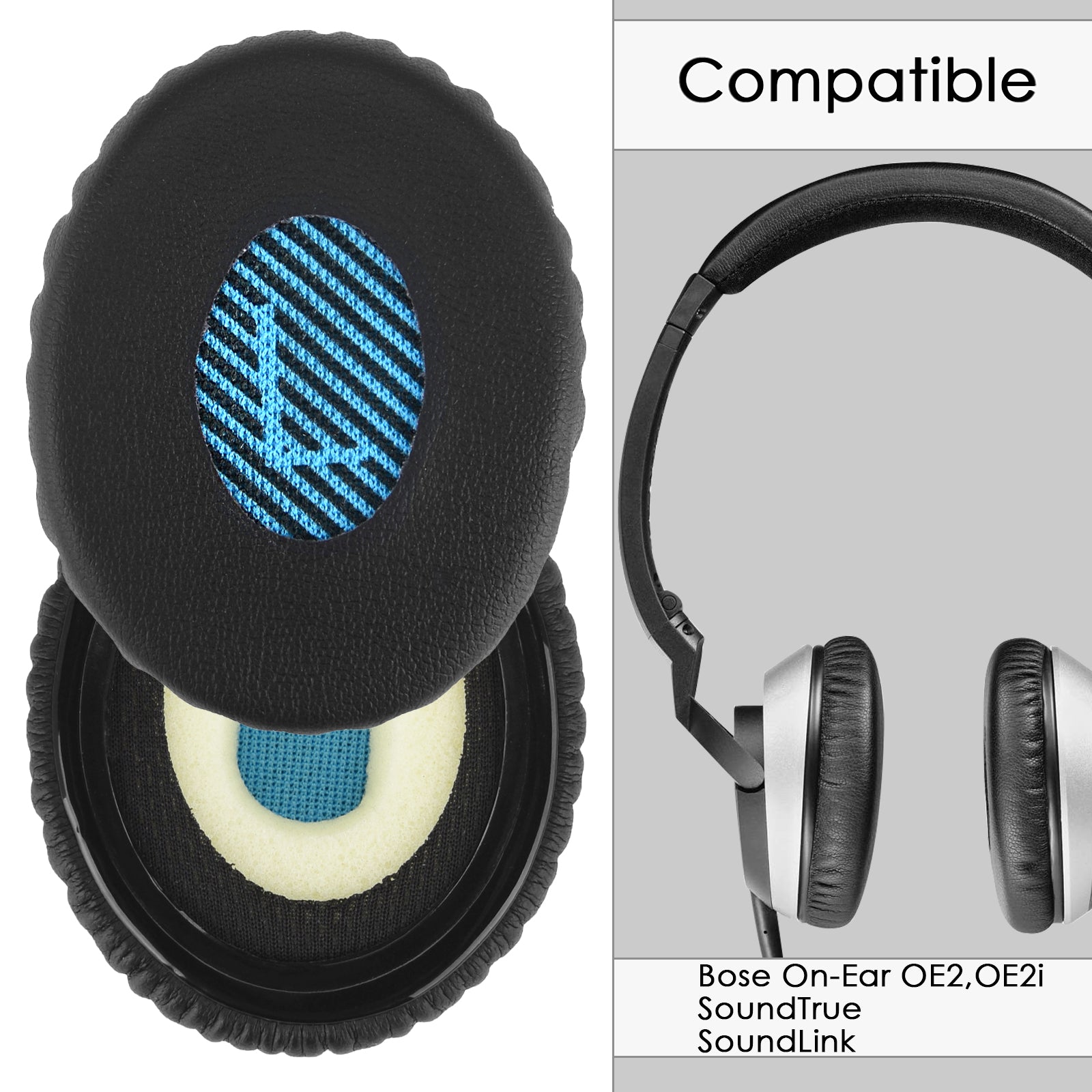 Replacement Ear Pads for Bose On-Ear OE2/OE2i, SoundTrue, SoundLink On-Ear (OE) Ear Headphones, Headset Earpads ( Protein Leather / Black-Blue Mesh )
