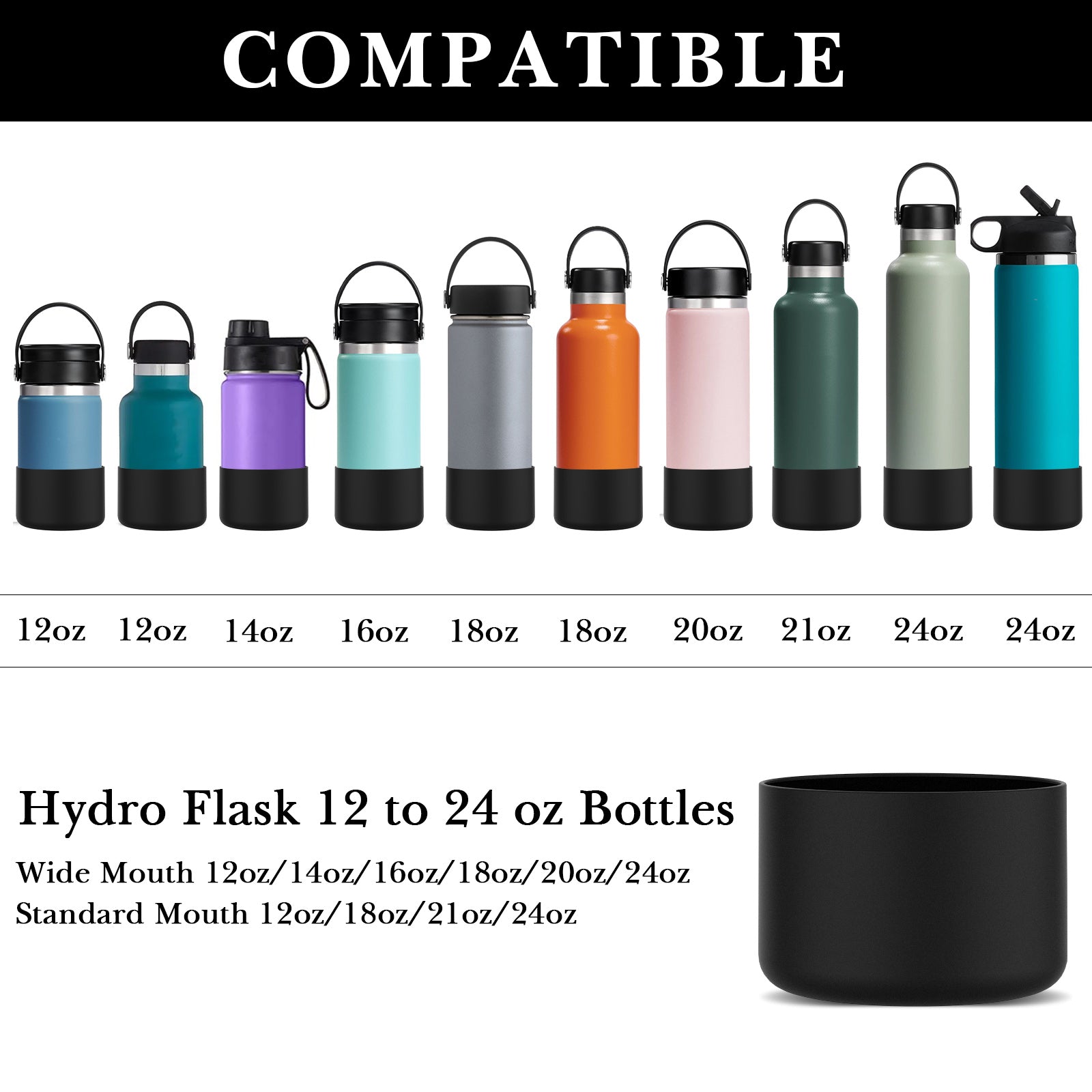 Linkidea 2 Pack Water Bottle Boot Compatible with Hydro Flask Wide Mouth Bottle 12oz/14oz/16oz/18oz/20oz, Silicone Bottle Bottom Sleeve Bumper Protector (Black)
