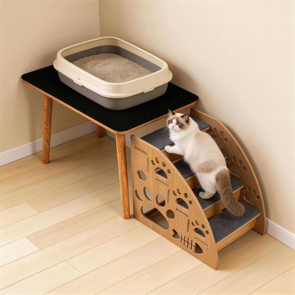 Elevated No-Bend Cat Litter Box Stand with Self-Adhesive Pad, Raised Litter Box Stand for Seniors with Back Pain, Arthritis & Limited Mobility, Comfortable Pet Care Station, Easy Reach