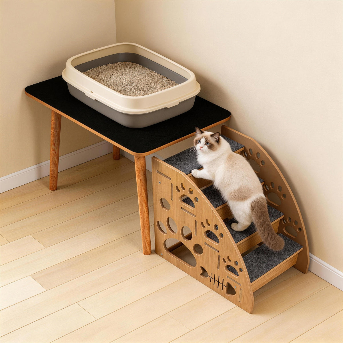 Elevated No-Bend Cat Litter Box Stand with Self-Adhesive Pad, Raised Litter Box Stand for Seniors with Back Pain, Arthritis & Limited Mobility, Comfortable Pet Care Station, Easy Reach