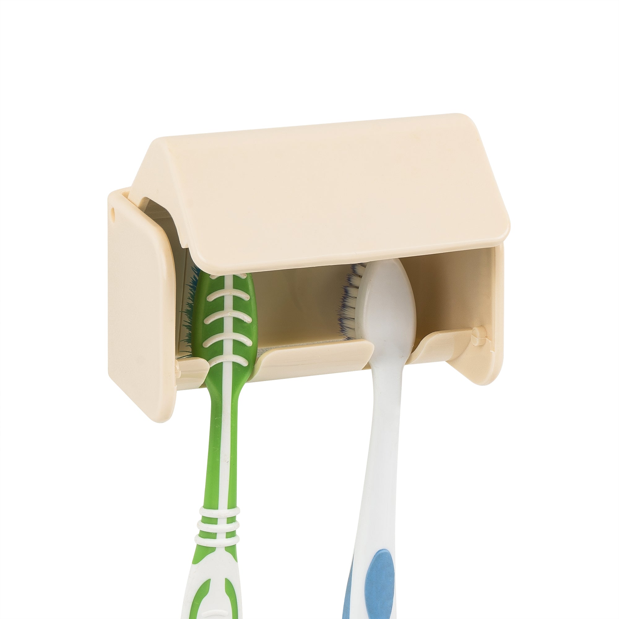 Linkidea Wall Mount Toothbrush Holder with Cover, 2 Slots Plastic Self Adhesive Brush Hanger for Shower, Compatible with Oral-B CrossAction, Colgate Renewal, Reach Essentials(Creamy)
