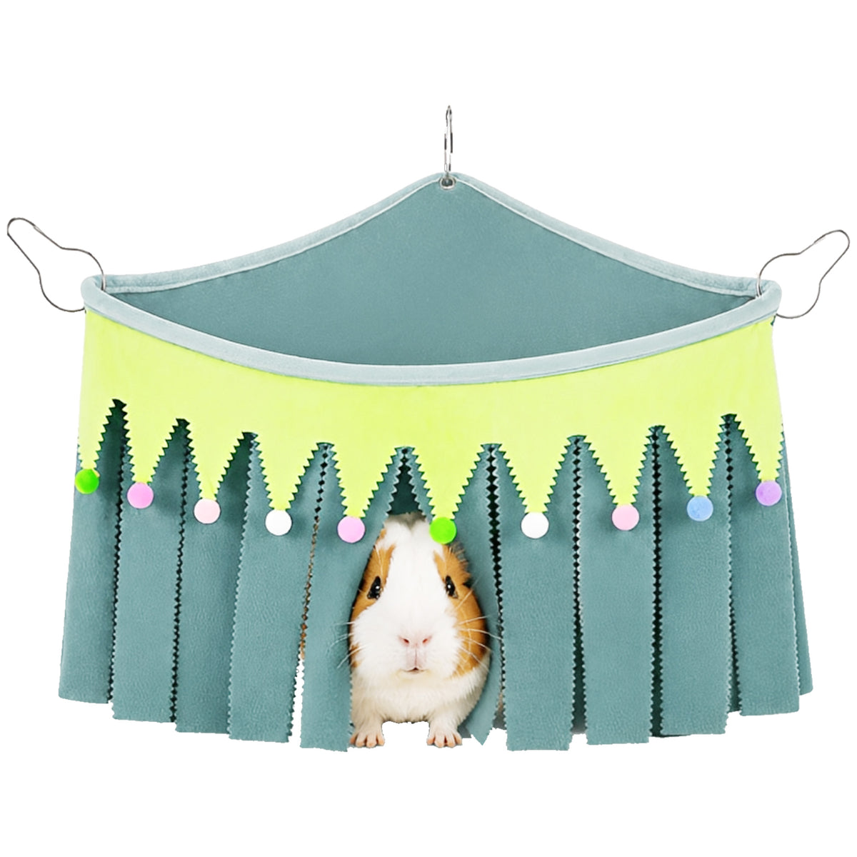 Corner Fleece Hideout Hammock for Small Animals, Cozy Hanging Cage Bed with Tassel Curtain, Soft Habitat Shelter with 3 Metal Hooks for Guinea Pigs, Rabbits, Rats, Ferrets, Chinchillas