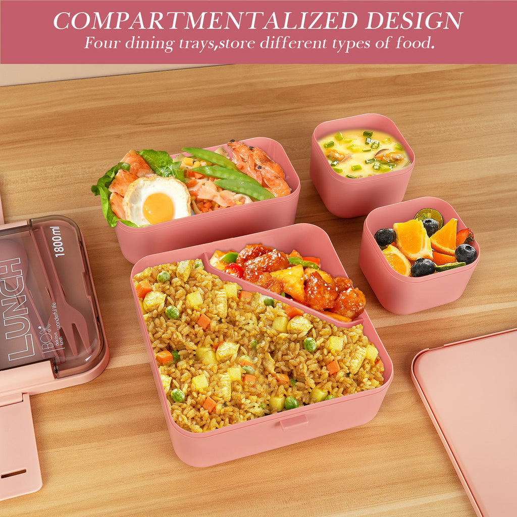 Linkidea Bento Box with Lunch Bag, Reusable Food Container with 2 Layers Multi Compartment and Flatware, Storage Box with Leak-Proof Lids Safe in Microwave/Dishwasher/Freezer (1800ML, Pink)