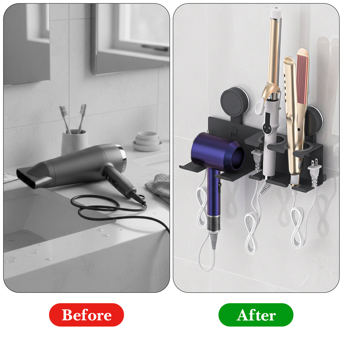Linkidea Aluminum Alloy Hair Dryer Holder with Curling Iron Storage, Hair Styling Tool Organizer for Bathroom, Vanity, Countertop, Wall Mounted Storage Rack