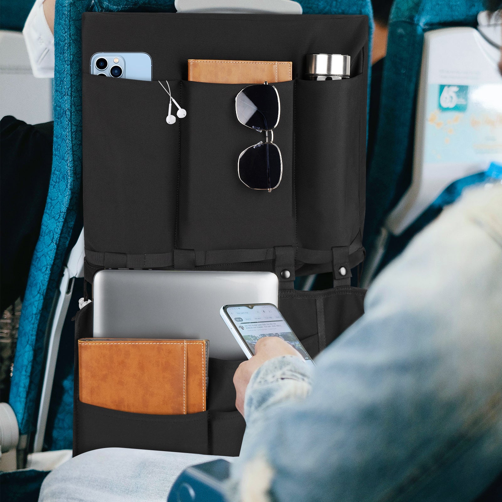 Linkidea Airplane Tray Table Cover with Under Desk Attachment Set, Travel Accessories for Seat Back Organize & Personal Item Storage, Washable Flight Accessories with Water Bottle Holder