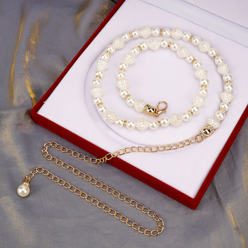 Chain Belt for Women, Gold and White Faux Pearl Waistbands, 31.5-43 Inch Adjustable Body Decorate for Dresses, Party, Casual Wear, Fashion Jewelry Accessory