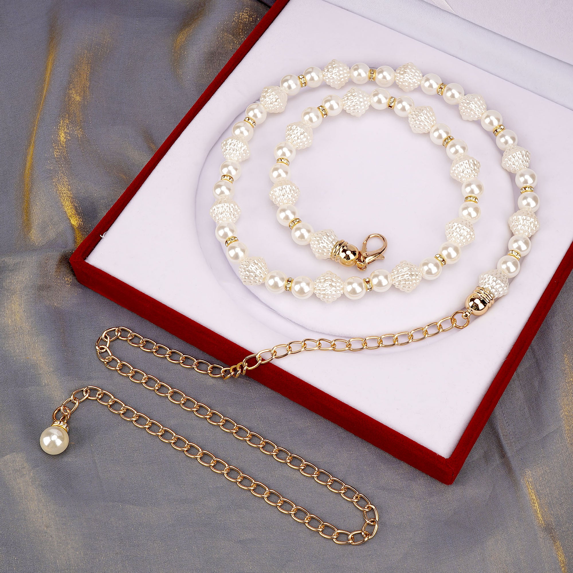 Chain Belt for Women, Gold and White Faux Pearl Waistbands, 31.5-43 Inch Adjustable Body Decorate for Dresses, Party, Casual Wear, Fashion Jewelry Accessory