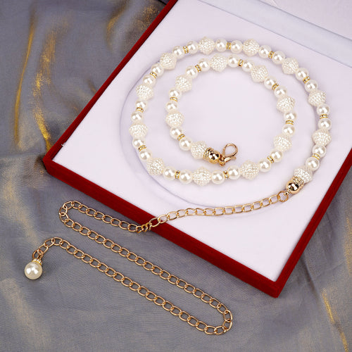 Chain Belt for Women, Gold and White Faux Pearl Waistbands, 31.5-43 Inch Adjustable Body Decorate for Dresses, Party, Casual Wear, Fashion Jewelry Accessory