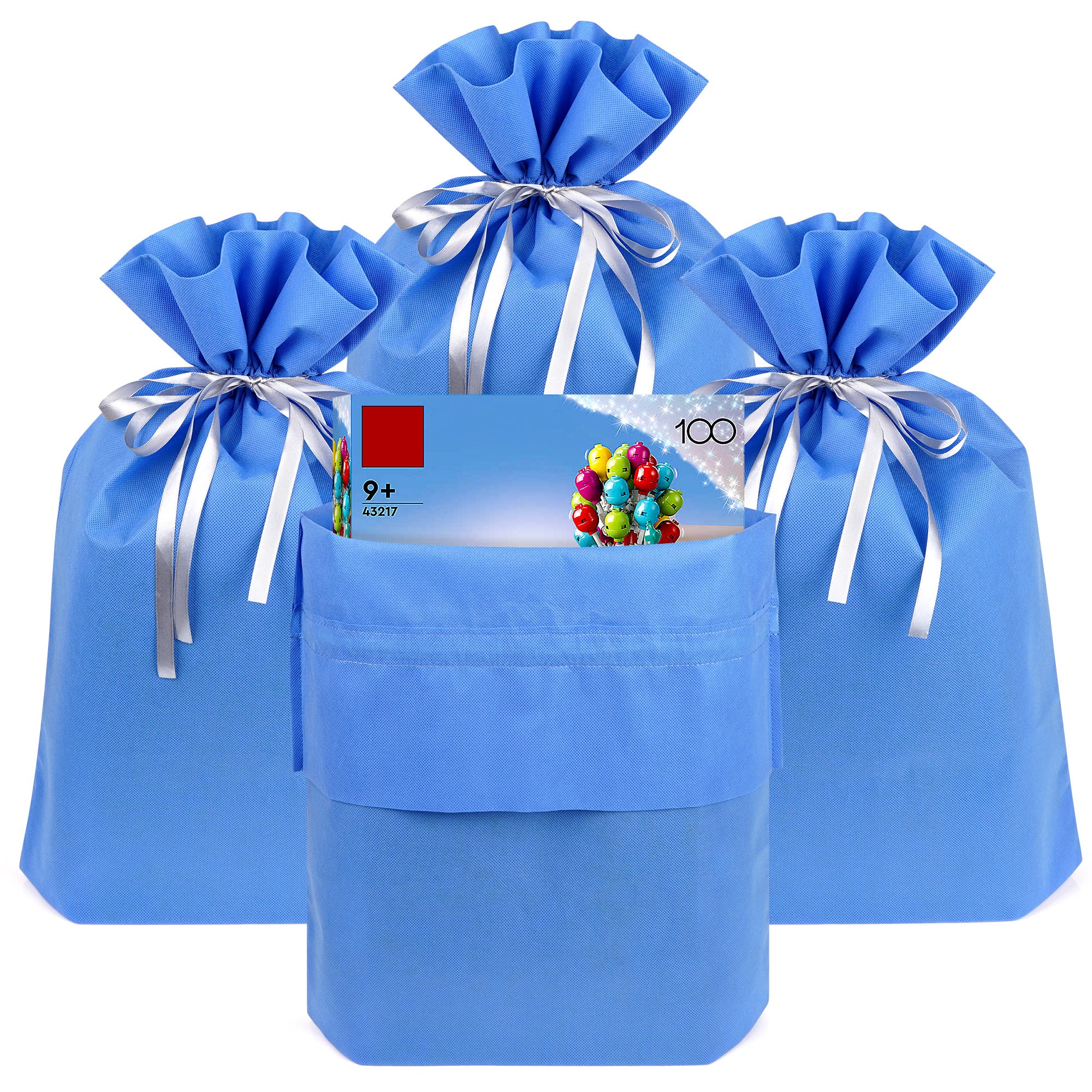Linkidea 4 Pack Reusable Drawstring Gift Bags, Fabric Party Favor Bags for Birthday, Christmas & Holiday, Toy Storage Pouch for Building Blocks, Bricks & Goodie Bags (Blue)