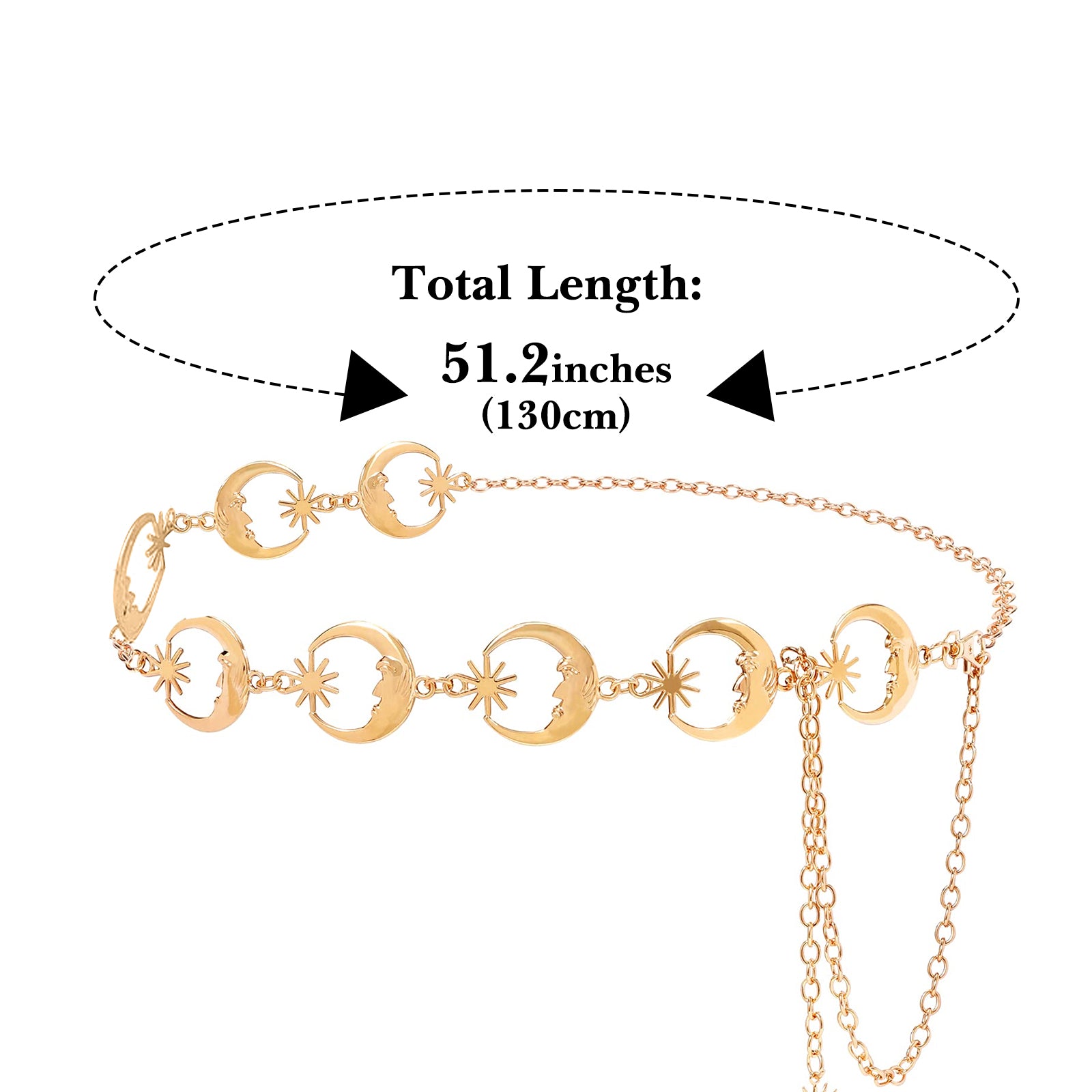 Women's Chain Belt, 2 Pack Metal Waist Chains, Adjustable Belly Belt with Moon Style, Fits 21.6-43.3 in Waist, 51.2 in Total Length