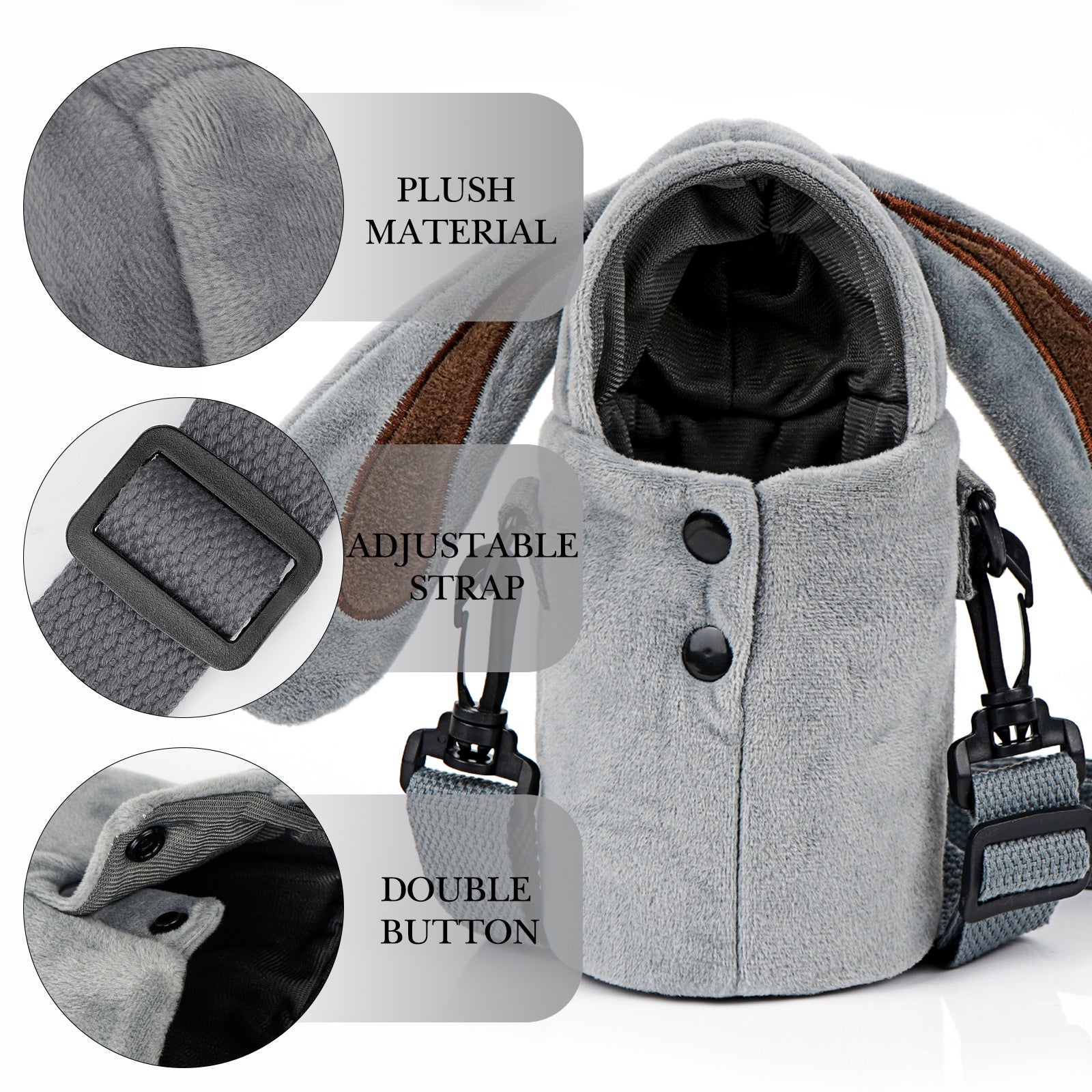 Linkidea Plush Water Bottle Carrier with Strap Compatible with Thermos FUNTAINER Steel/Tritan 12oz/16oz, Warm Gray Rabbit Waterbottle Sling Bag Holder with Shoulder Strap