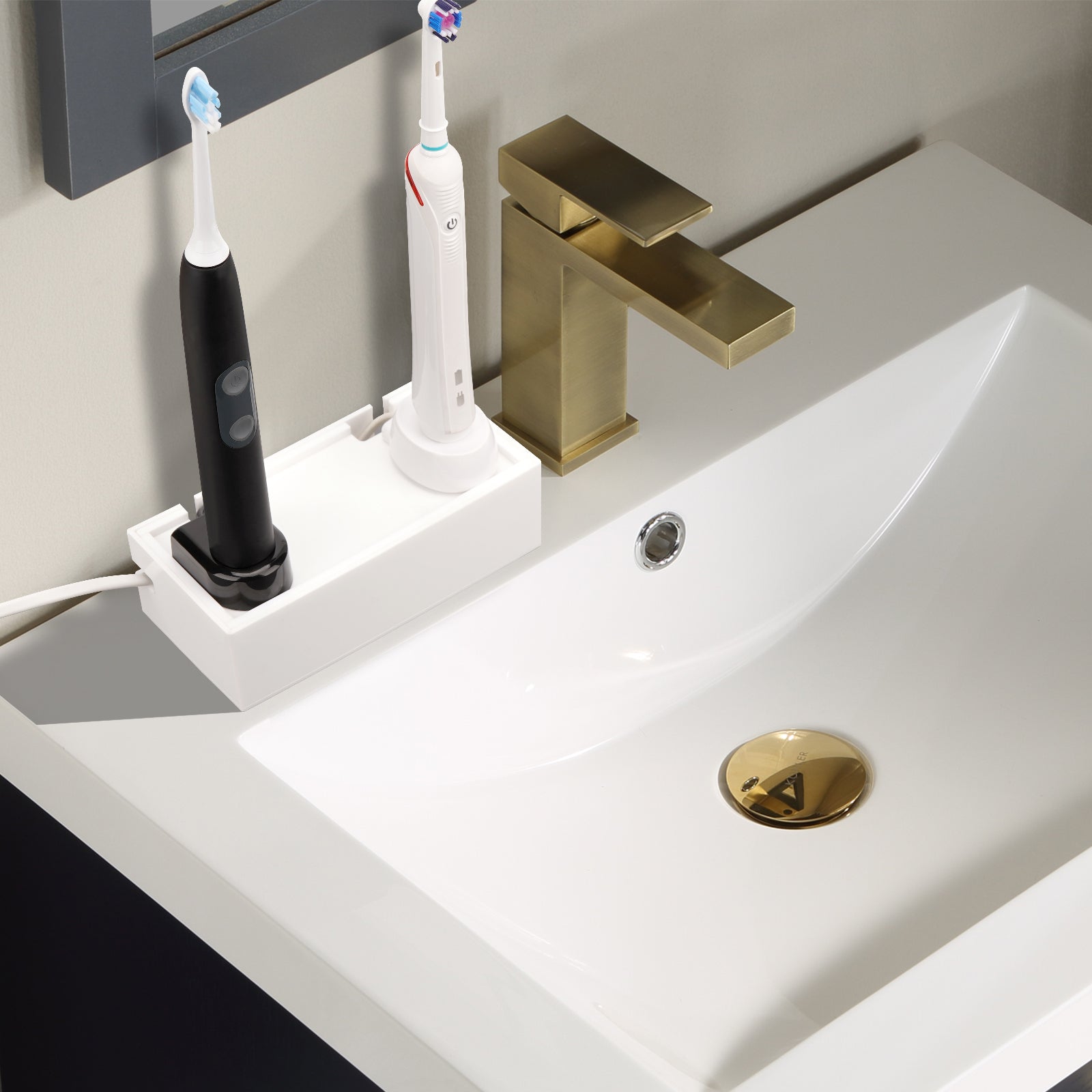 Linkidea Bathroom Electric Toothbrush Cable Box, Vanity Hide Cord Organizer, Charger and Power Strip Storage Case, Keep Countertop & Outlet Clean (White)