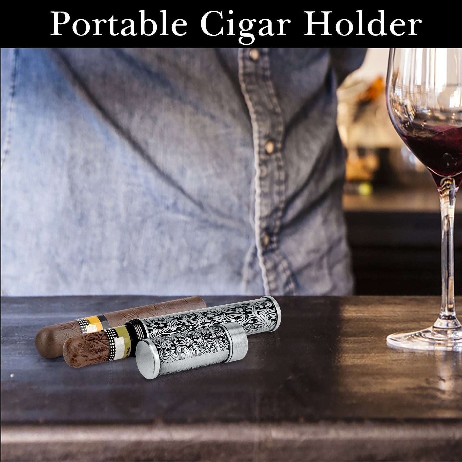 Linkidea Zinc Alloy Vintage Stripe Pattern Cigar Holder Case, Men's Airtight Single Tube, Portable Travel Cigar Case Compatible with 50 Ring Gauge Cigars (Silver)
