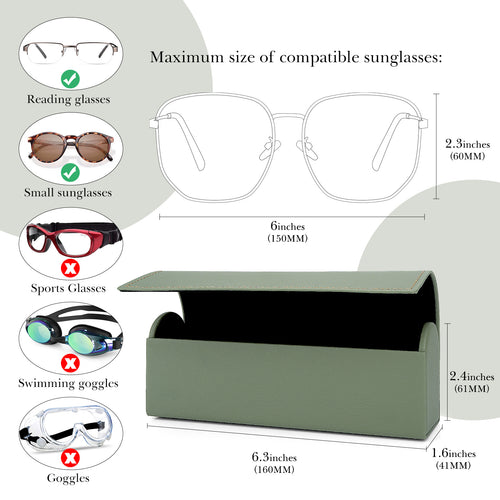 Extra Large Hard Shell Sunglasses Case, Green Vegan Leather Sun Glasses Storage Bag Pouch Organizer Compatible with Persol PO3357S PO3235S PO3366S RayBan RB3647N RB2197