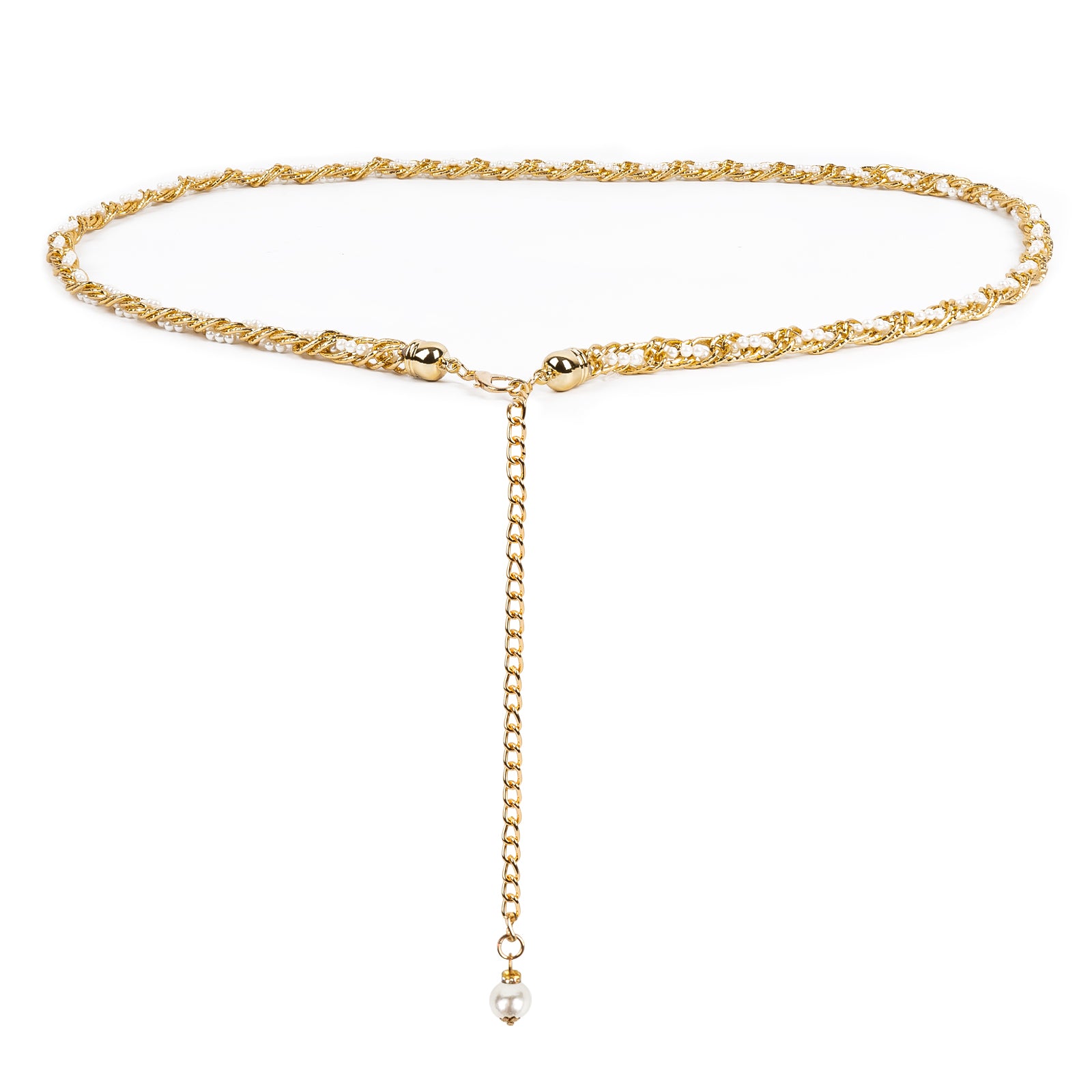 Plus Size Chain Belt for Women, Gold and White Faux Small Pearl Waist Belt, 59 Inch Adjustable Extra Long Body Decorate for Dresses, Party, Casual Wear, Fashion Jewelry Accessory