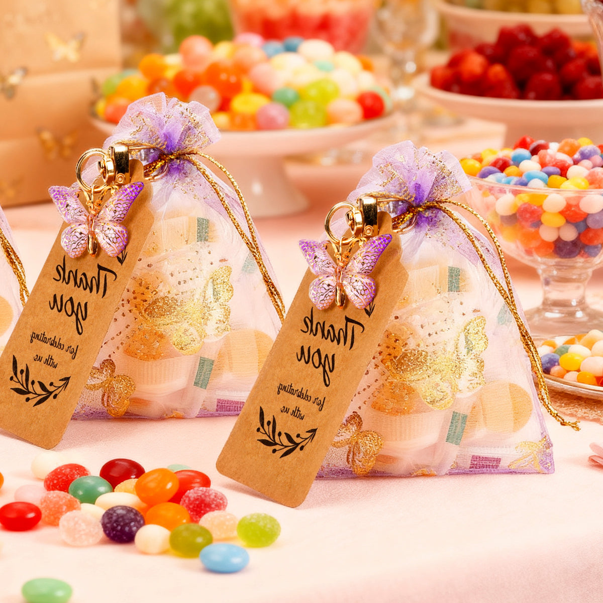 Linkidea 12 Pcs Butterfly Keychains with Thank You Tags, Party Favors, Butterfly Theme Event Favors, Backpack Charms, Bulk Keychains for Goodie Bags